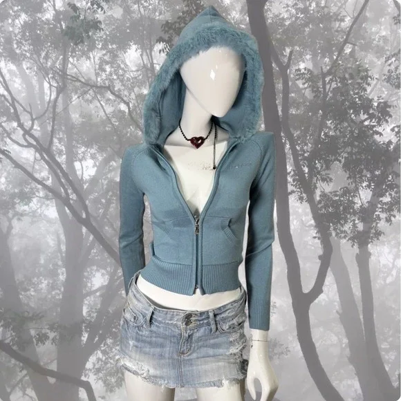 Bebe Genuine Fur Trim Zip Hoodie Y2K Baby Blue Fitted Knit Rhinestones Jacket XS - Picture 2 of 8